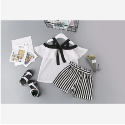 Two-piece Frilled Chiffon Shirt With Striped Shorts