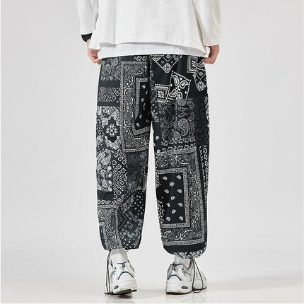 Drawstring Cashew Flower Wide-Leg Harem Pants