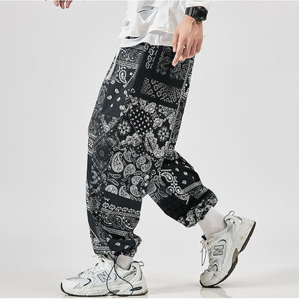 Drawstring Cashew Flower Wide-Leg Harem Pants