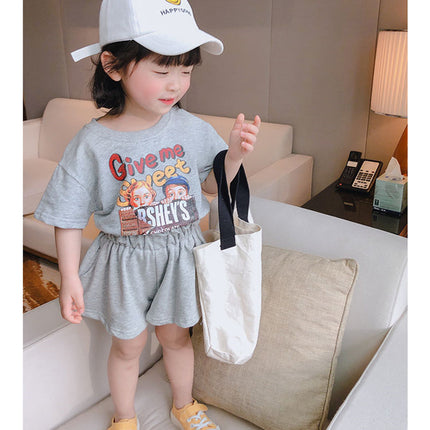 Girls Cartoon Print Short Sleeve T-shirt Lace Waist Shorts Set