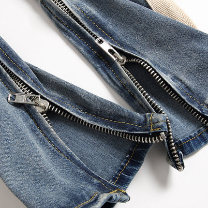 Trendy modern style for young Men's cream Striped Ripped in the knees blue Jeans