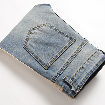 Trendy modern style for young Men's cream Striped Ripped in the knees blue Jeans