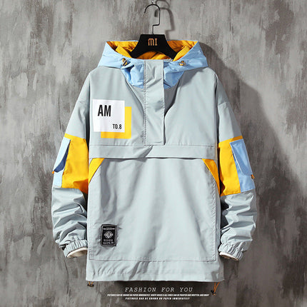 Men's Plus Size Print Color Block Hooded Jacket