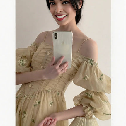 Beautiful New soft yellow Plus Size Autumn Loose Puff Sleeve Pleated Floral Long Sling Dress for Women