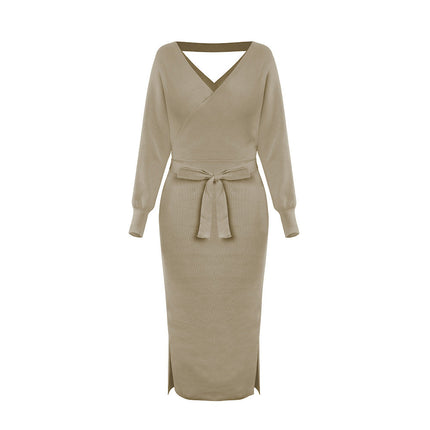new SEXY RED Autumn And Winter Knitted Slim Double V-Neck FALL Sweater DRESS FOR WOMEN