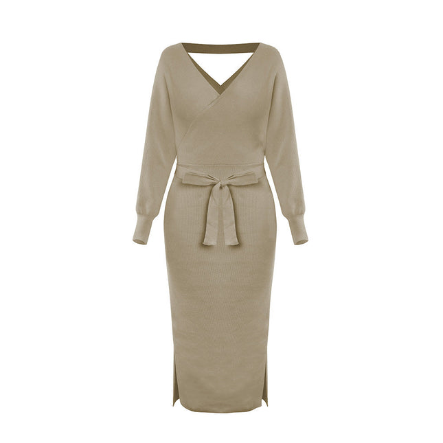 new SEXY RED Autumn And Winter Knitted Slim Double V-Neck FALL Sweater DRESS FOR WOMEN