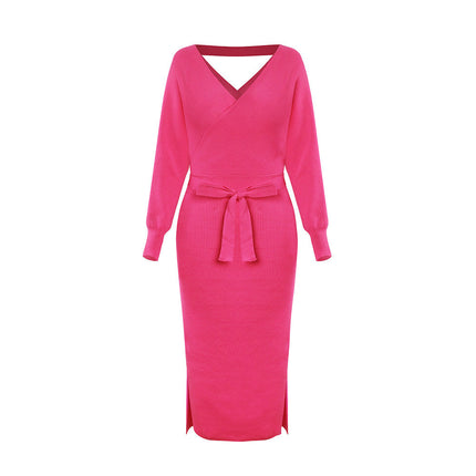 new SEXY RED Autumn And Winter Knitted Slim Double V-Neck FALL Sweater DRESS FOR WOMEN