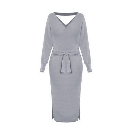 new SEXY RED Autumn And Winter Knitted Slim Double V-Neck FALL Sweater DRESS FOR WOMEN