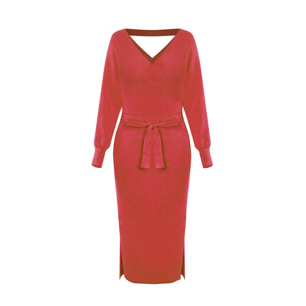 new SEXY RED Autumn And Winter Knitted Slim Double V-Neck FALL Sweater DRESS FOR WOMEN