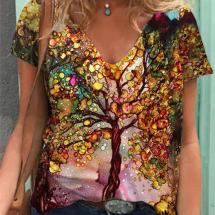 Painted V Neck Printed Loose Plus Size Short Sleeved T Shirt Women