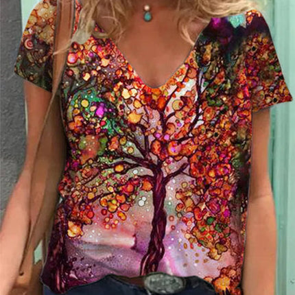 Painted V Neck Printed Loose Plus Size Short Sleeved T Shirt Women