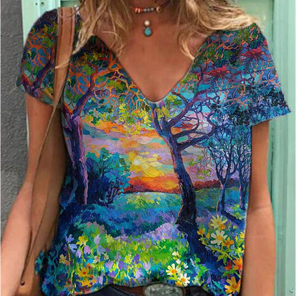 Painted V Neck Printed Loose Plus Size Short Sleeved T Shirt Women