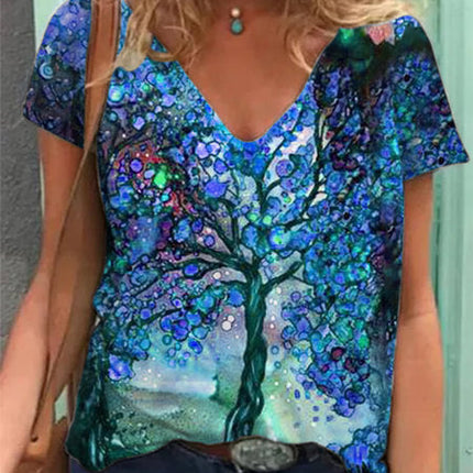 Painted V Neck Printed Loose Plus Size Short Sleeved T Shirt Women