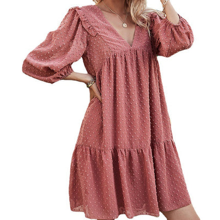 Spring And Summer New Product V-Neck Solid Color Lantern Sleeve Dress