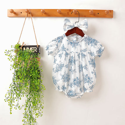 Short-sleeved Hand-painted Blue Flower Retro Cute Romper