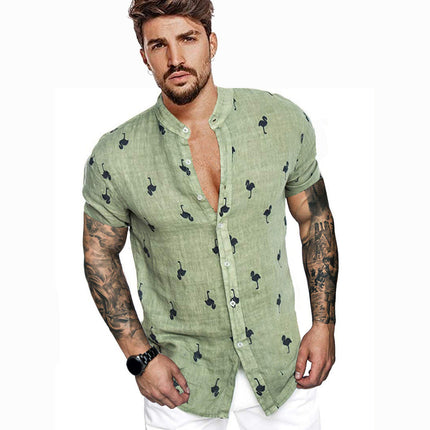 3D printed linen colorblock stand collar shirt