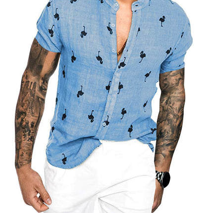 3D printed linen colorblock stand collar shirt