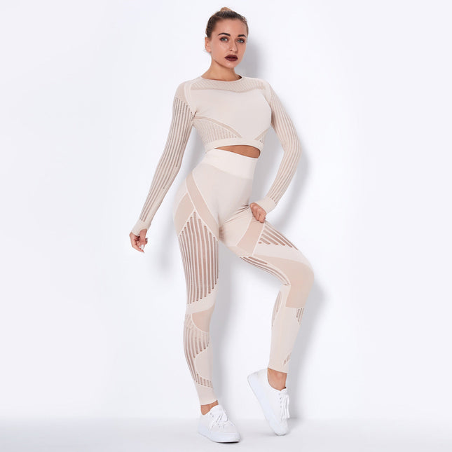 Seamless Knitted Sexy Yoga Clothing Suit Striped Hollow Running Training Sports Fitness Clothing