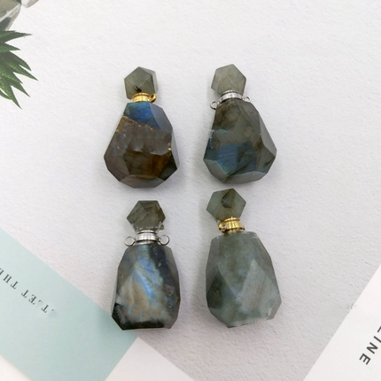 New Products Accessories Natural Labradorite Faceted Geometric Perfume Aromatherapy Essential Oil Bottle Pendant Necklace
