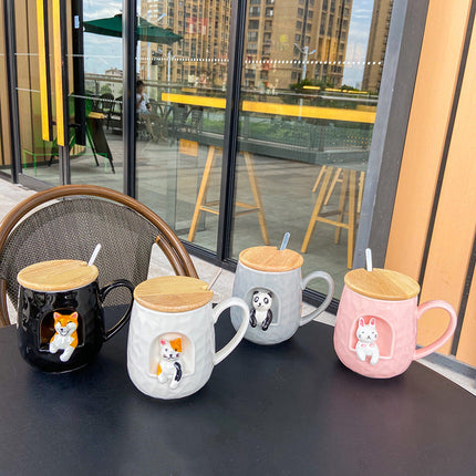 Three-dimensional Relief Ceramic Spoon With Lid Animal Shiba Inu Cup Office Water Cup Female