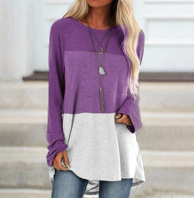 New Women's Long Sleeved Round Neck Stitching Casual Plus Size T Shirt