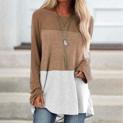 New Women's Long Sleeved Round Neck Stitching Casual Plus Size T Shirt