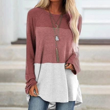 New Women's Long Sleeved Round Neck Stitching Casual Plus Size T Shirt