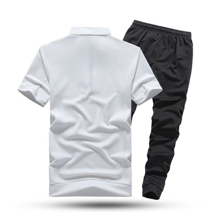 Sportswear Men's RED TSHIRT WITH  ZIPPER COLLAR SHORT SLEEVE TSHIRT, THIN ALL BLACK JOGGER PANTS SET