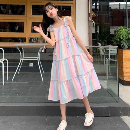 Rainbow Striped Suspender Dress Summer Korean loose Girl French Mid-Length Holiday Style Large Swing Beach Dress