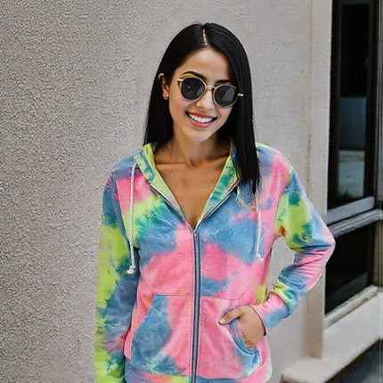New Products Source Autumn  American Tie-Dye Printed Zipper Hooded Jacket Women WT203S3075