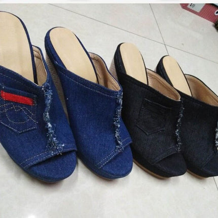 Summer Women Slippers Denim Fish Mouth Shoes Platform High-Heeled Wedge Sandals