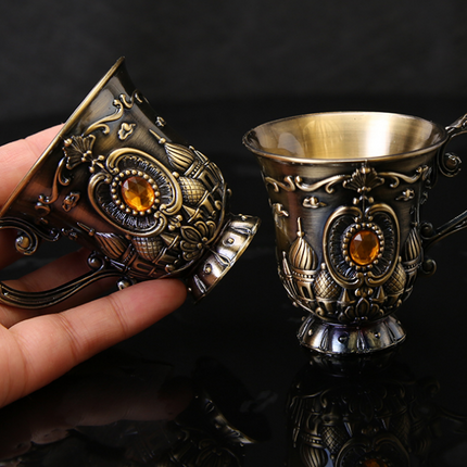 Mini Spirits Wine Glasses Cup 30ml Relief Retro Diamond Pattern Goblet Spirits Drinking Alloy Antique Wine Gift Retro Decoration