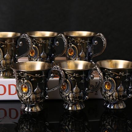 Mini Spirits Wine Glasses Cup 30ml Relief Retro Diamond Pattern Goblet Spirits Drinking Alloy Antique Wine Gift Retro Decoration