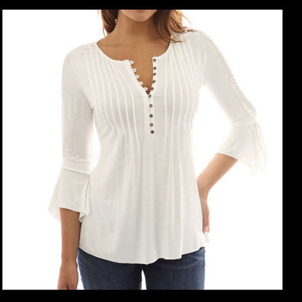 Three-Quarter Flared Sleeves V-Neck Plus Size Pleated T-Shirt Bottoming Shirt