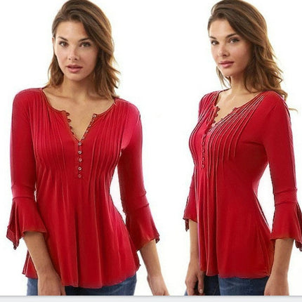 Three-Quarter Flared Sleeves V-Neck Plus Size Pleated T-Shirt Bottoming Shirt