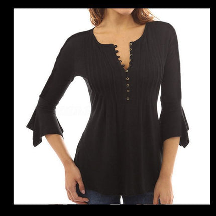 Three-Quarter Flared Sleeves V-Neck Plus Size Pleated T-Shirt Bottoming Shirt
