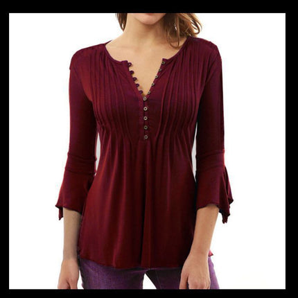Three-Quarter Flared Sleeves V-Neck Plus Size Pleated T-Shirt Bottoming Shirt