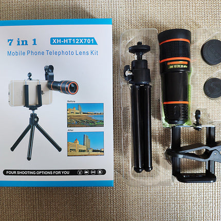 Compatible with Apple, Seven-In-One 12X Telephoto Telescope Tripod Mobile Phone U-Shaped Clip Wide-Angle Macro Fisheye Mobile Phone Lens Set