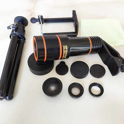 Compatible with Apple, Seven-In-One 12X Telephoto Telescope Tripod Mobile Phone U-Shaped Clip Wide-Angle Macro Fisheye Mobile Phone Lens Set
