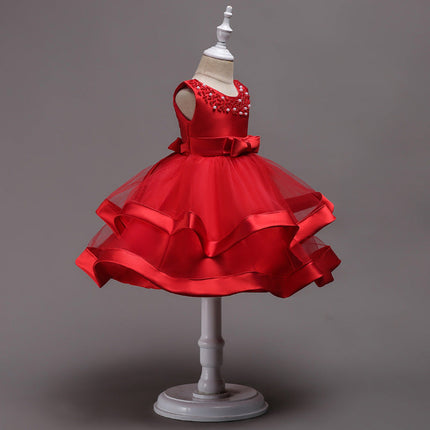 Girls' Satin Princess Dress, Little Host, Pettiskirt, Flower Girl Dress, Hand-Beaded Multi-Color Performance Costume