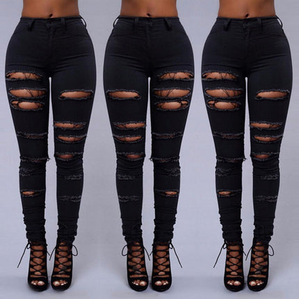 High Quality Women Casual Hole Jeans High Waist Skinny Pant Pencil Jeans Ripped Sexy Female Girls Trousers Denim Jeans