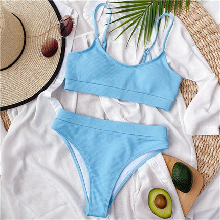 Women's High Waist Bikini Sexy Rib S-XL Two-Piece Set