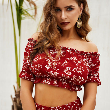 Real Shooting Two Piece Off Shoulder Chest Wrapped Shorts Printing Set Spring New Product