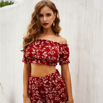 Real Shooting Two Piece Off Shoulder Chest Wrapped Shorts Printing Set Spring New Product