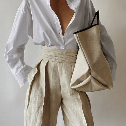 Women S White Lapel Long-Sleeved Shirt