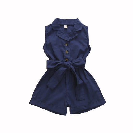 Multicolor Girls' Solid Lapel Sleeveless Single-breasted One-piece Shorts
