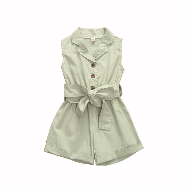 Multicolor Girls' Solid Lapel Sleeveless Single-breasted One-piece Shorts