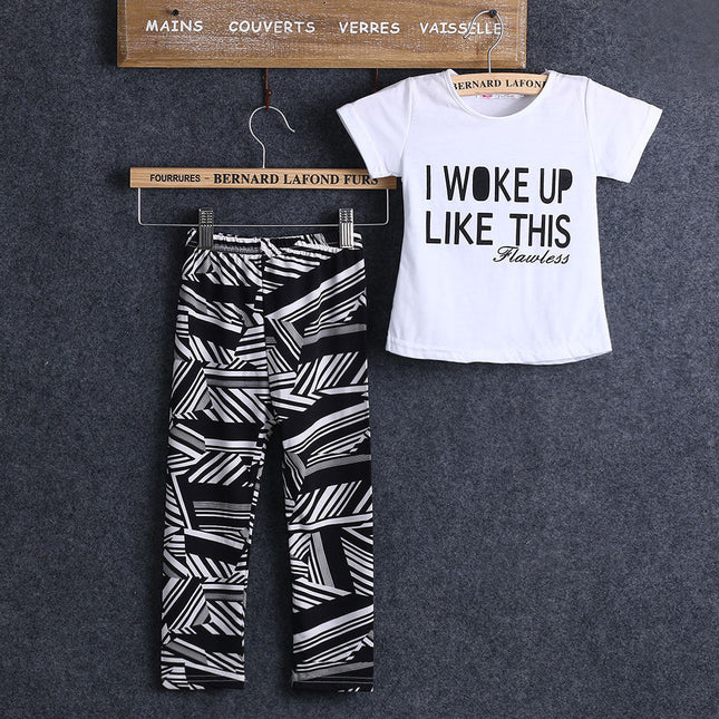 Letter Short-Sleeved T-Shirt Geometric Print Pants Two-Piece Suit