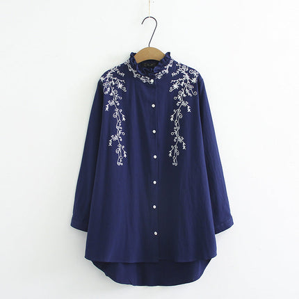 Long-Sleeved Cotton And Linen Plus Size Shirt