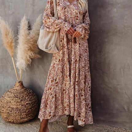 Sexy Women's Khaki Loose V-Neck Lace Long Print Beach Dress